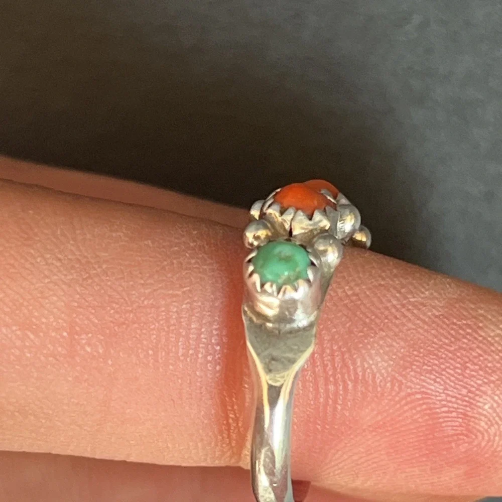 VTG Native American Sterling Silver Turquoise Coral Band Ring Sz 6.25 Handmade